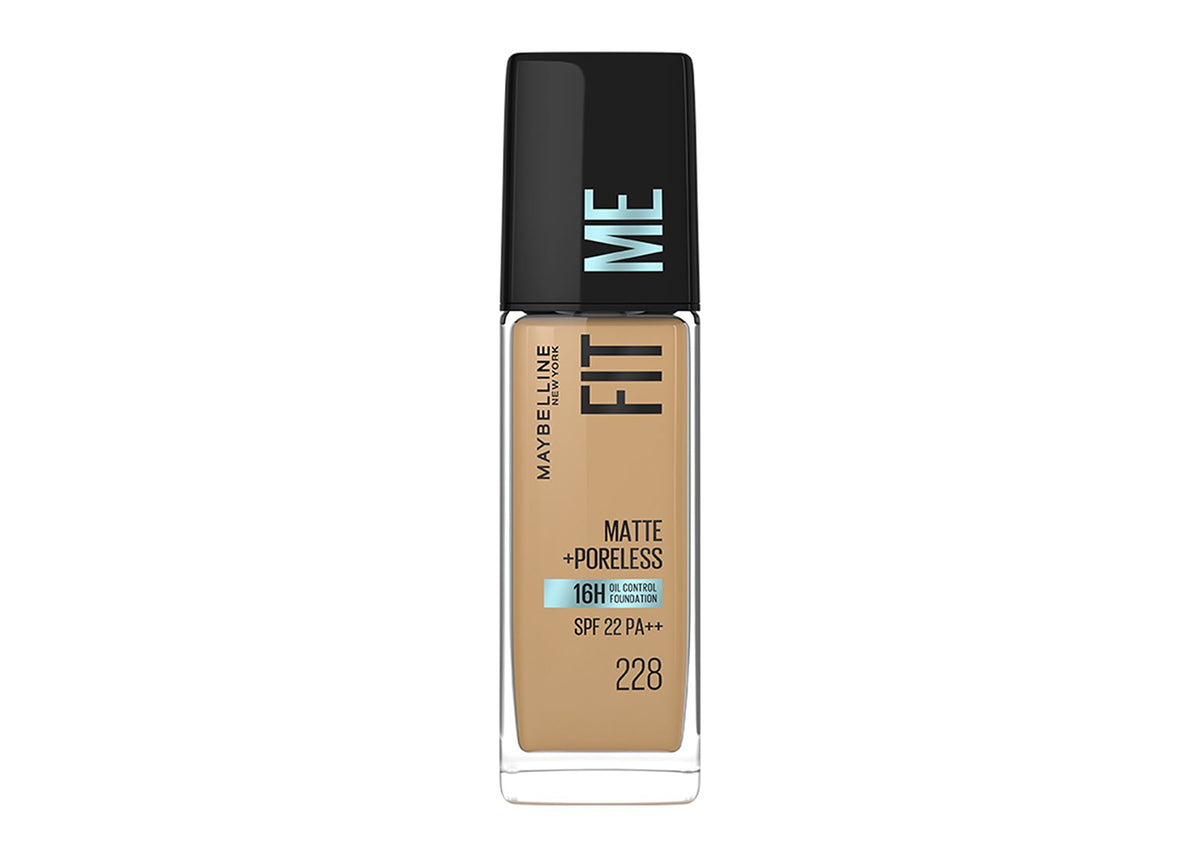 MAYBELLINE Base de Maquillaje Fit Me Matte + Poreless, Natural Beige 228, 30 ml, matifica y controla el brillo, se adapta al tono y la textura de la piel, tiene FPS 22, piel sin poros