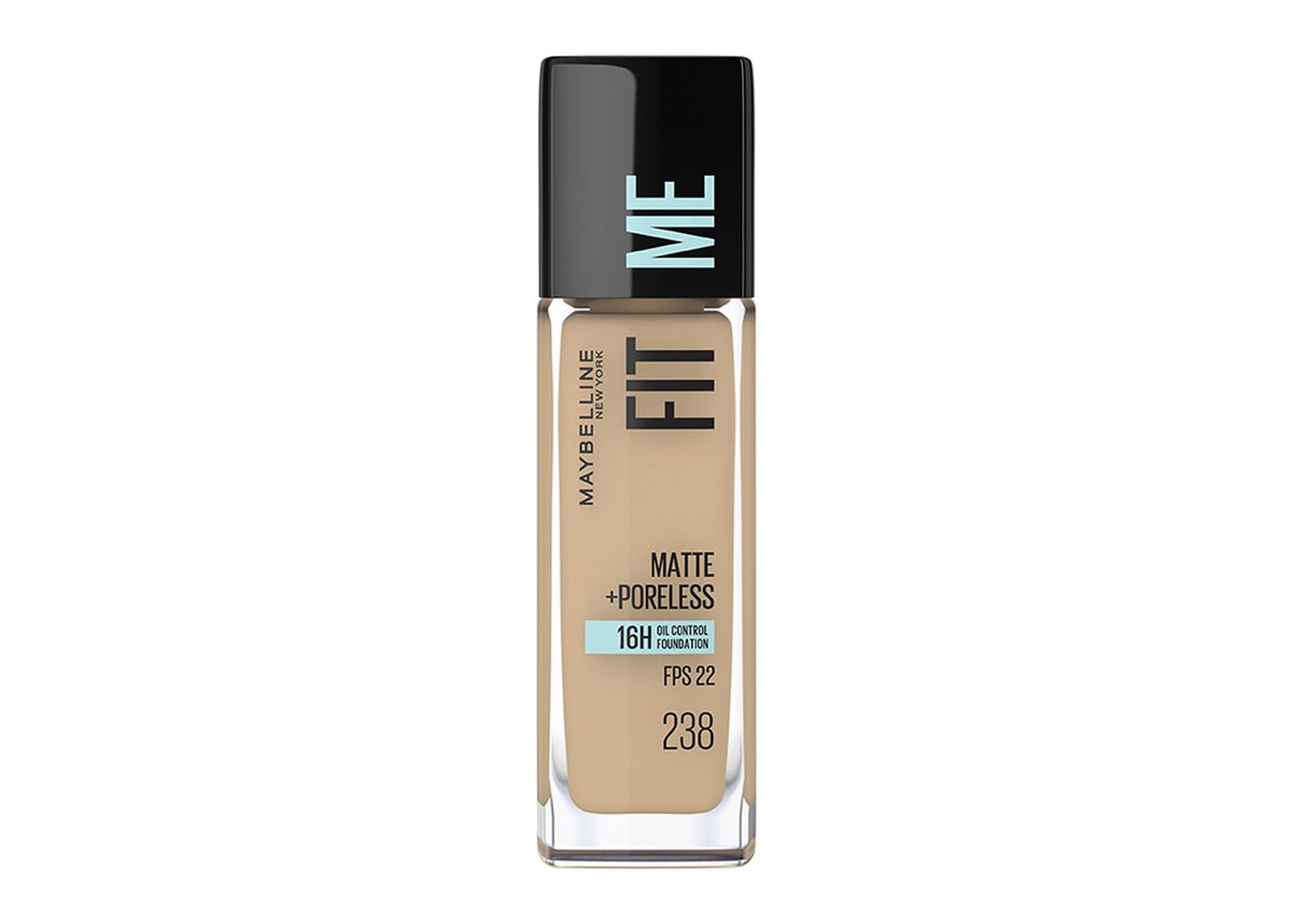 MAYBELLINE Base de Maquillaje Fit Me Matte + Poreless, Natural Beige 238, 30 ml, matifica y controla el brillo, se adapta al tono y la textura de la piel, tiene FPS 22, piel sin poros